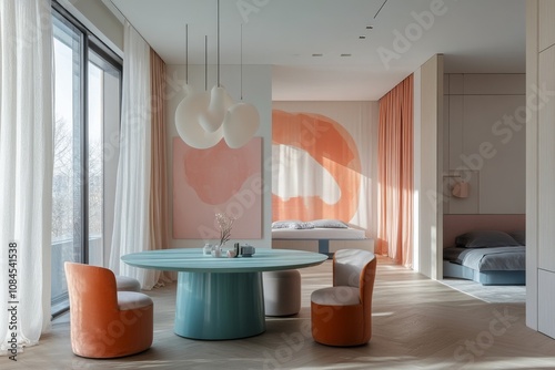 Cozy modern dining area with pastel colors and unique lighting in an urban se...