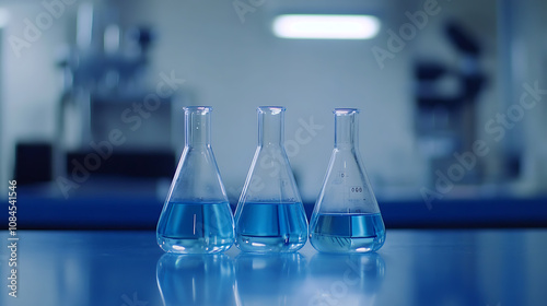 A blue laboratory table with three beakers filled with clear liquid, in the background is blurred equipment and white walls