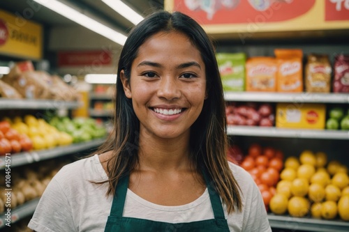 Close portrait of a smiling young Tuvaluan female grocer standing and looking at the camera, Tuvaluan grocery store blurred background photo