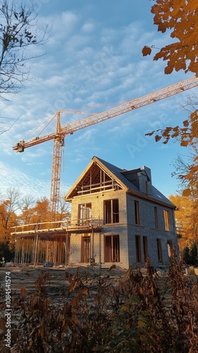 Construction of a modern house with crane at work during late afternoon in a ...