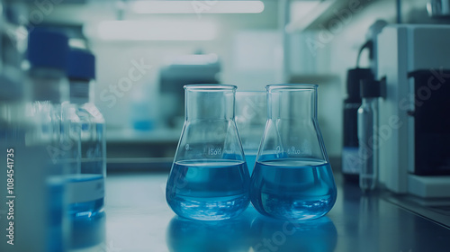 A closeup of glass beakers filled with clear blue liquid, set on an open laboratory table in front of scientific equipment and white walls