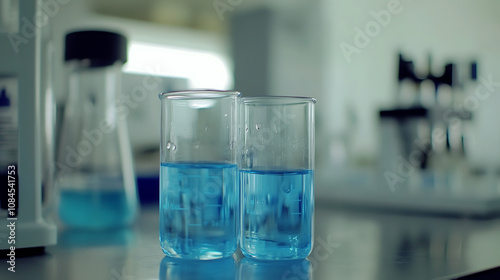 A closeup of glass beakers filled with clear blue liquid, set on an open laboratory table in front of scientific equipment and white walls