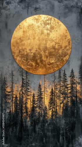 A large orange sun sets behind silhouette trees in a serene twilight landscape