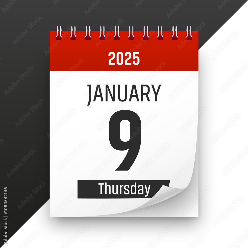Date 9 January 2025 year realistic calendar day page design Date 9 January 2025 year realistic calendar day page design