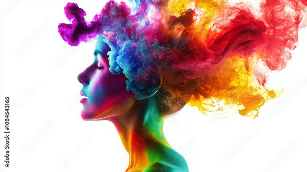 A woman's face is painted with vibrant colors, with a colorful smoke-like effect around her head, creating a whimsical, almost surreal effect. A woman's face is painted with vibrant colors, with a colorful smoke-like effect around her head, creating a whimsical, almost surreal effect.
