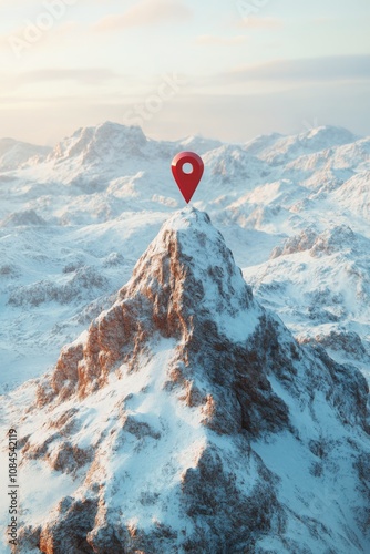 Red location marker standing on a snow covered mountain peak at sunset in a m...