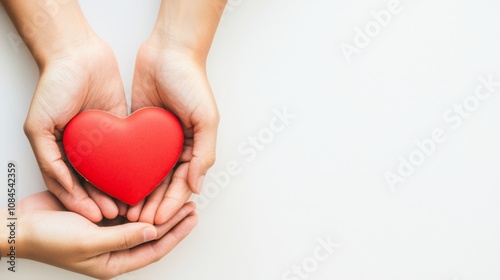 Two hands gently hold a red heart, symbolizing love, care, and compassion.