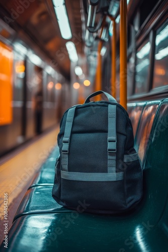 A black backpack rests on a subway seat during a quiet morning commute in an ...