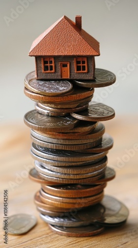 Stacked coins supporting a model house representing financial investment and ...
