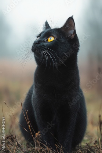 A curious black cat gazes upward in a misty field during a calm morning