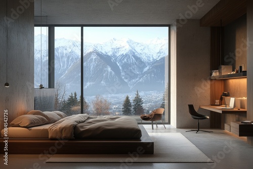 Modern bedroom with a stunning mountain view during daylight in a minimalist ...