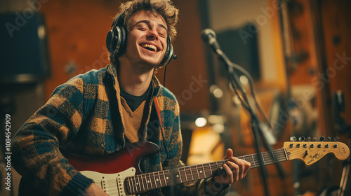 young man with headphones on, smiling, plays an electric guitar in a recording studio photo