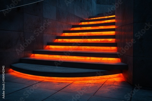 Illuminated staircase with autumn leaves during evening at a city location