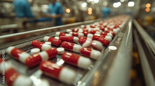 Production line of colorful capsules moving along conveyor belt in pharmaceut...
