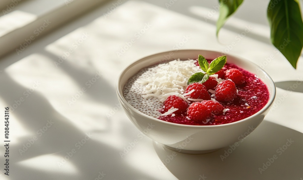 A bowl of food with raspberries and coconut