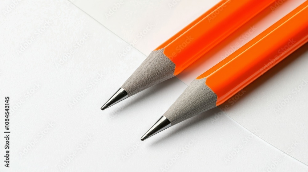 Two vibrant orange pencils resting on a white surface, showcasing sharp tips ready for writing. Two vibrant orange pencils resting on a white surface, showcasing sharp tips ready for writing.