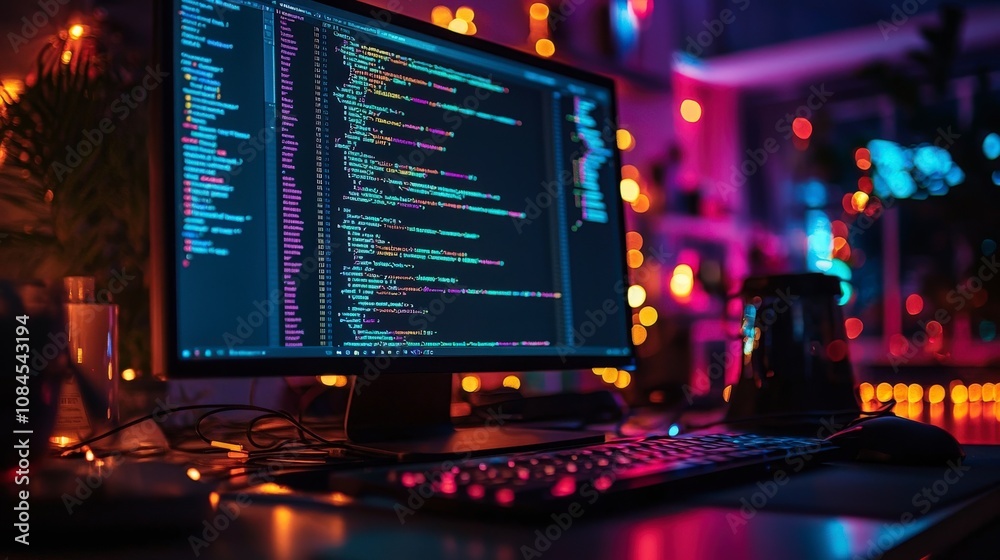 A desktop monitor featuring lines of code in a vividly colored ambience, showcasing a creative, artistic workspace with a relaxed and focused feel. A desktop monitor featuring lines of code in a vividly colored ambience, showcasing a creative, artistic workspace with a relaxed and focused feel.