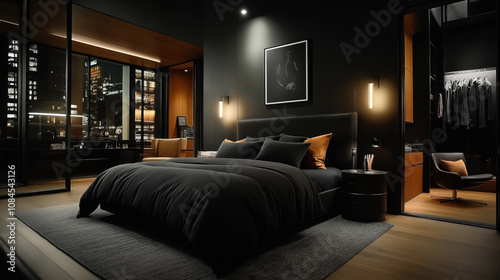 Modern luxury bedroom interior with dark color scheme, large windows showing city view, elegant furniture, and ambient lighting at night.