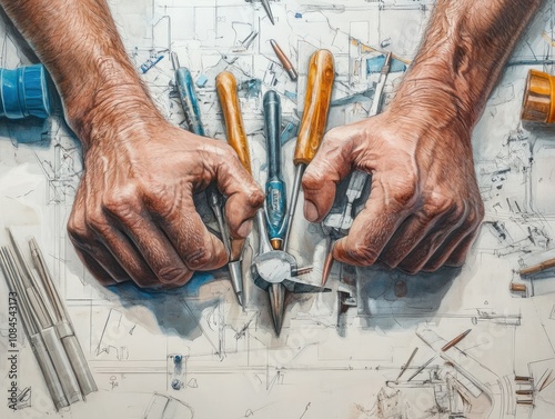 Creative drawing collage picture of hands builders hold tools repairman constructor renovation weird freak bizarre unusual fantasy photo