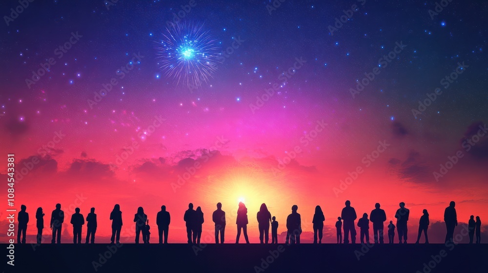 Crowd of Silhouetted People Watching a Fireworks Display for New Years or Fourth of July Celebration, Horizontal Crowd of Silhouetted People Watching a Fireworks Display for New Years or Fourth of July Celebration, Horizontal