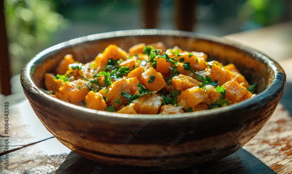 A bowl of food with carrots and parsley A bowl of food with carrots and parsley