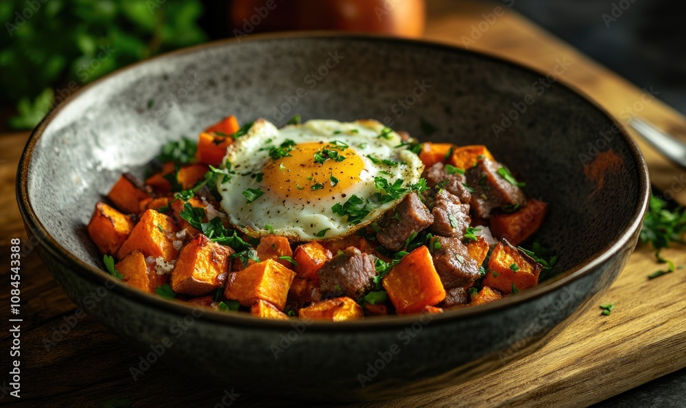 A bowl of food with a fried egg on top