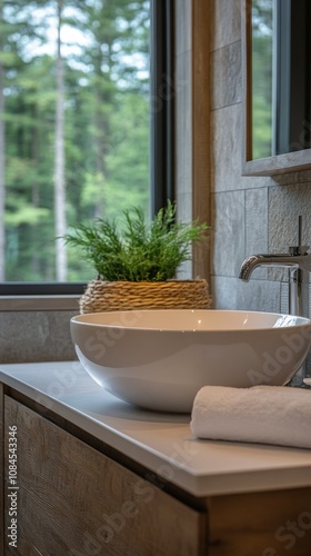 Modern bathroom sink design with a stylish round basin and natural elements i...