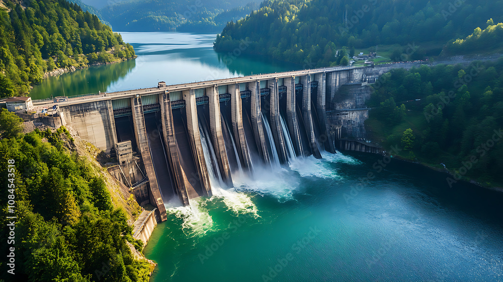 Aerial view of a Swiss mountain hydroelectricity reservoir dam generating renewable energy and contributing to the reduction of global warming during summer, showcasing decarbonization efforts Aerial view of a Swiss mountain hydroelectricity reservoir dam generating renewable energy and contributing to the reduction of global warming during summer, showcasing decarbonization efforts