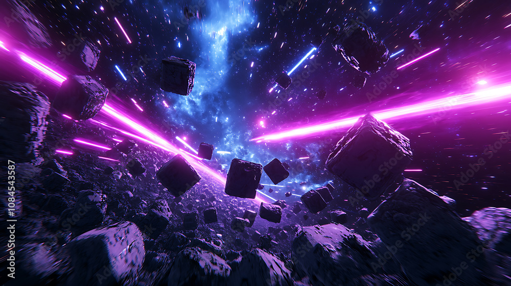 A retro asteroid field video game scene rendered in virtual reality, where purple, pink, and blue lights dash across a digital landscape in a block, cube effect, presented in a 3D render A retro asteroid field video game scene rendered in virtual reality, where purple, pink, and blue lights dash across a digital landscape in a block, cube effect, presented in a 3D render