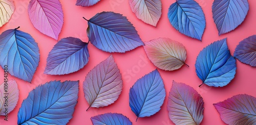 Colorful leaves arranged on a pink background showcasing autumn aesthetics an...