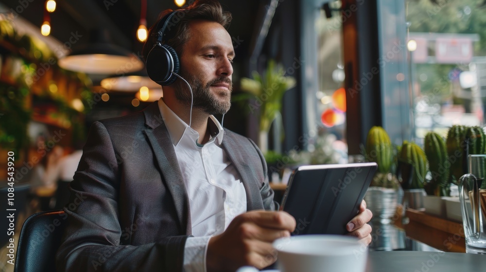 Businessman Enjoying a Video Break in a Relaxed Cafe Setting with Headphones Businessman Enjoying a Video Break in a Relaxed Cafe Setting with Headphones