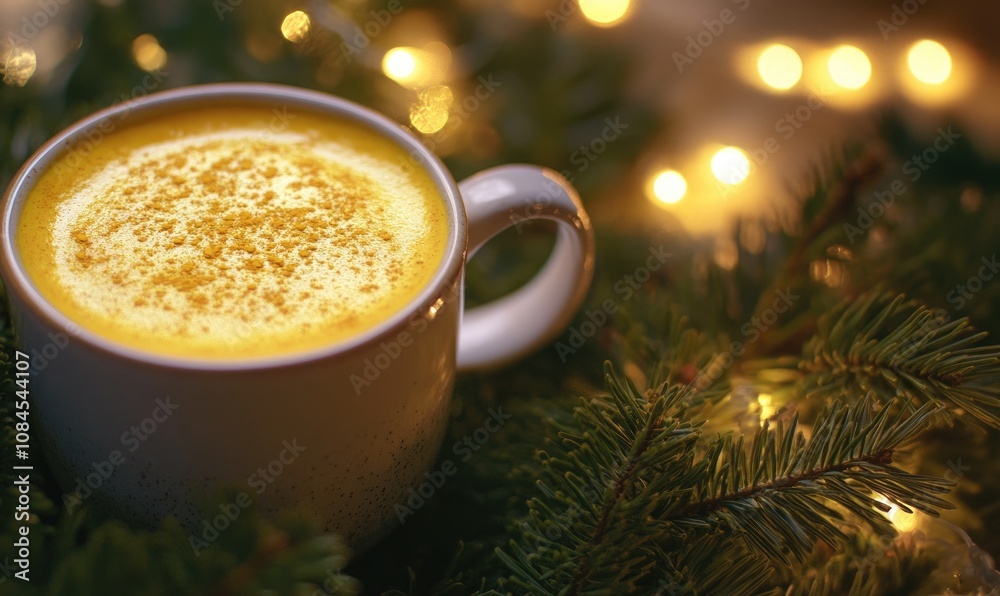 A white coffee cup with a yellow foam on top A white coffee cup with a yellow foam on top