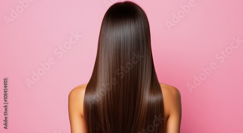 Woman with long straight hair standing against a pink background in a serene ...