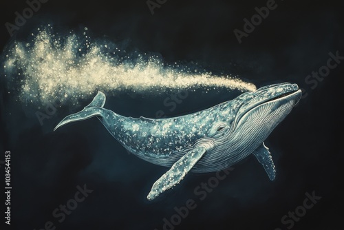 A serene blue whale gracefully swims through deep ocean waters while spouting...