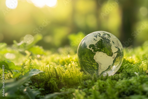 Erd-Glaskugel auf grünem Gras mit reflektierendem Landschaftsbild

 photo