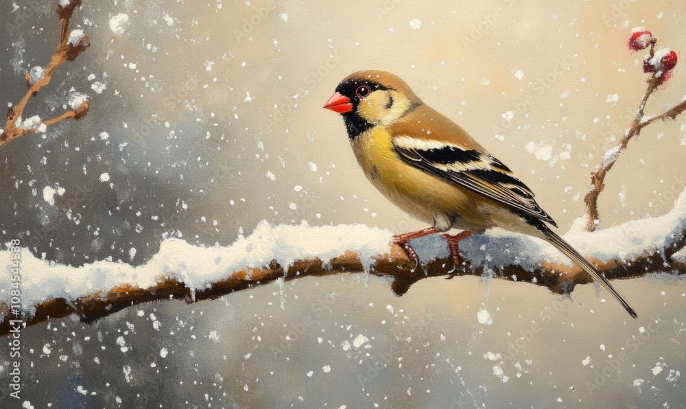 Obraz premium A bird is sitting on a branch covered in snow
