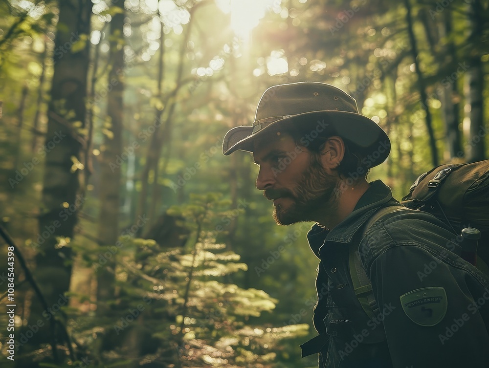 Fototapeta premium Forest Ranger Patrols Through the Woods