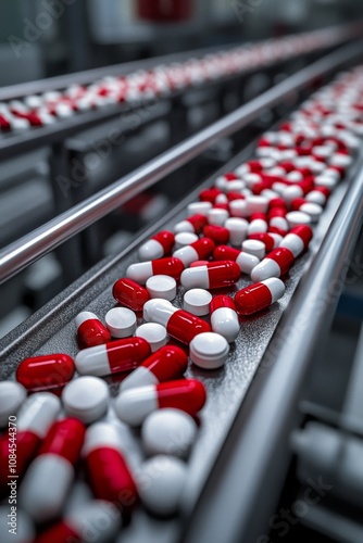 Red and white capsules being produced on a conveyor belt in a pharmaceutical ...