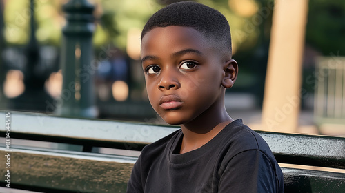 Young boy sitting on bench in park reflecting on life