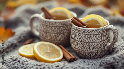 Cozy mugs of spiced tea with cinnamon and lemon slices on a warm knitted blanket
