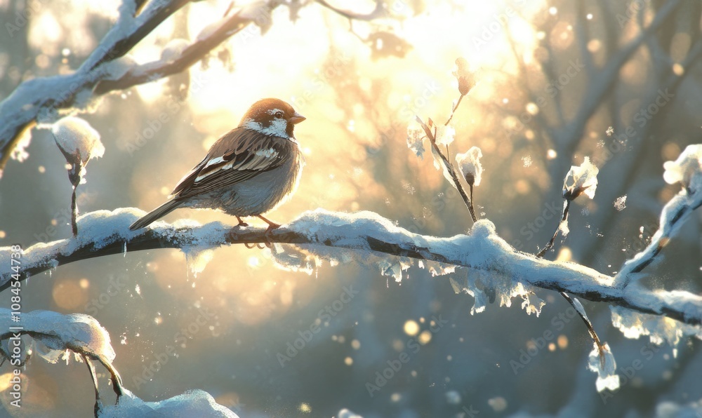 A bird is sitting on a branch covered in snow A bird is sitting on a branch covered in snow