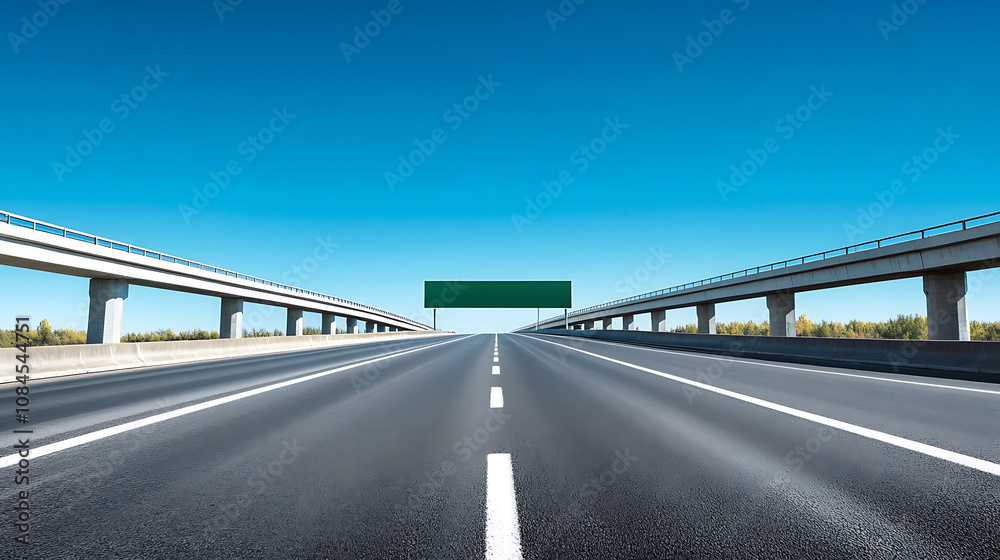 Fototapeta premium A blank green highway sign with white border, isolated on blue background