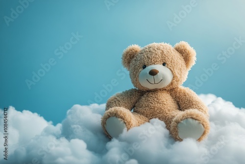 A plush bear sits contently on a fluffy cloud against a bright blue sky in da...