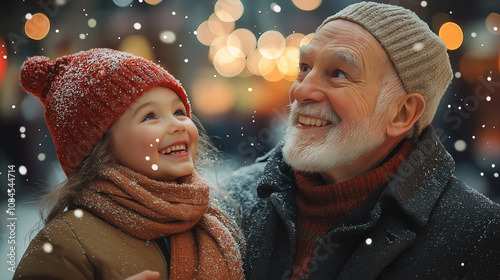 Grandfather and granddaughter enjoying christmas time together under the snow