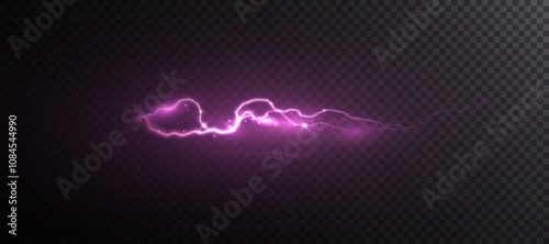 Bright glow of pink lightning. Realistic effect of bright electric discharge of blue lightning. Vector 10 EPS