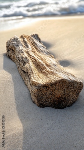 Wooden log resting on the tranquil sandy beach with gentle waves lapping at i...