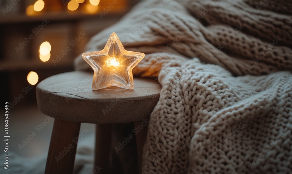 Fototapeta premium A star is lit up on a wooden stool