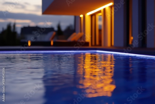 a modern swimming pool of an apartment building, with ambient lighting