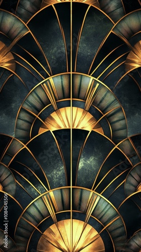 Art Deco pattern featuring intricate gold and black design elements in a styl...