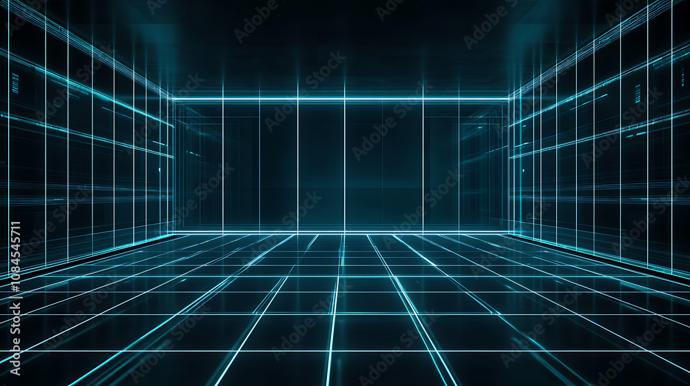 An empty dark room depicted in a modern futuristic Sci-Fi background through a 3D illustration, setting the stage for a high-tech environment An empty dark room depicted in a modern futuristic Sci-Fi background through a 3D illustration, setting the stage for a high-tech environment